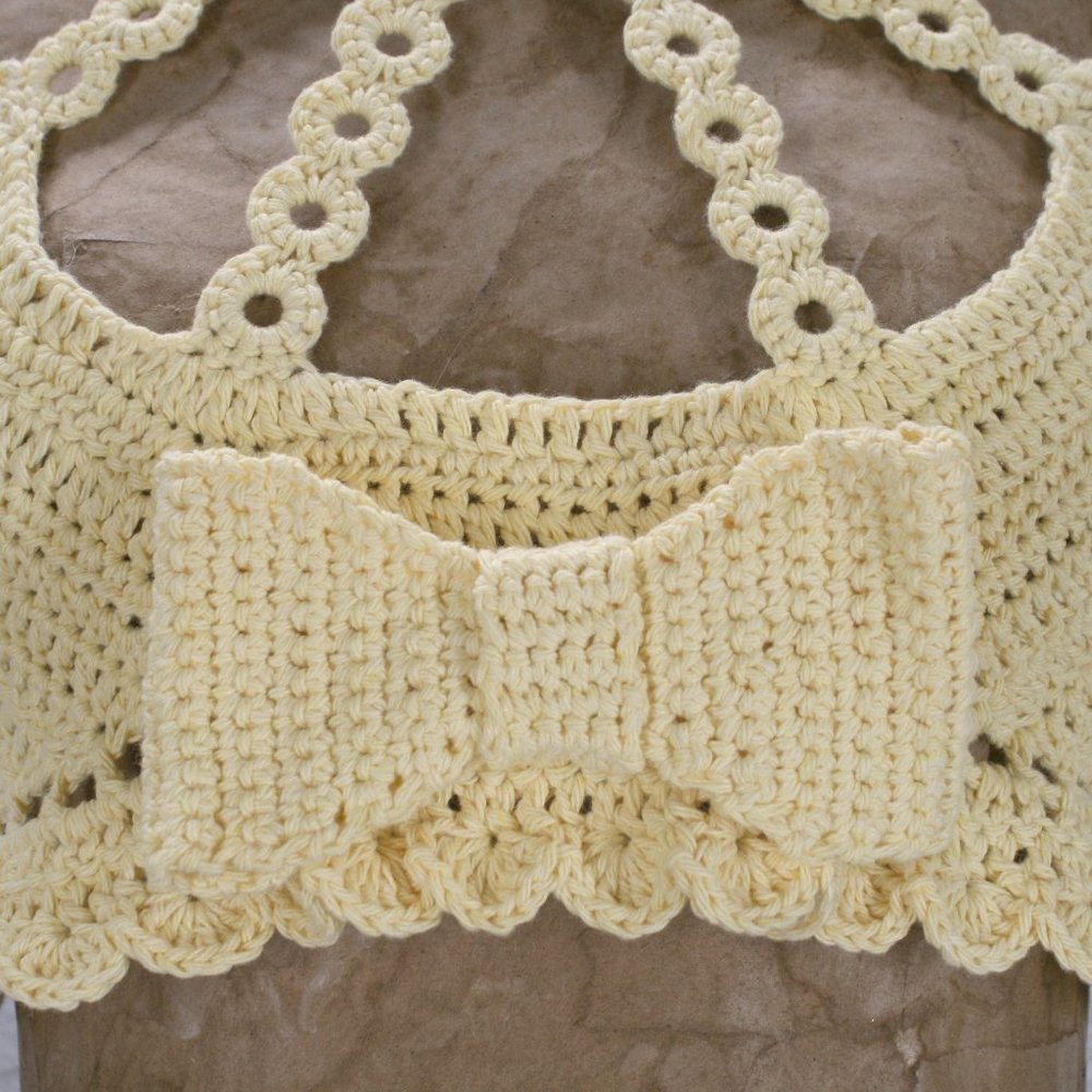 HAND CRAFTED Crop Top Crochet Halter Bow Cut Out Circles Bralette Yellow Cotton - Picture 2 of 14